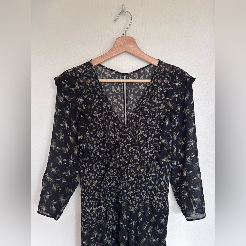 Anthropologie Bailey 44 Ophelia Black Floral Print Ruffle Midi V Neck Boho Dress - Picture 7 of 15